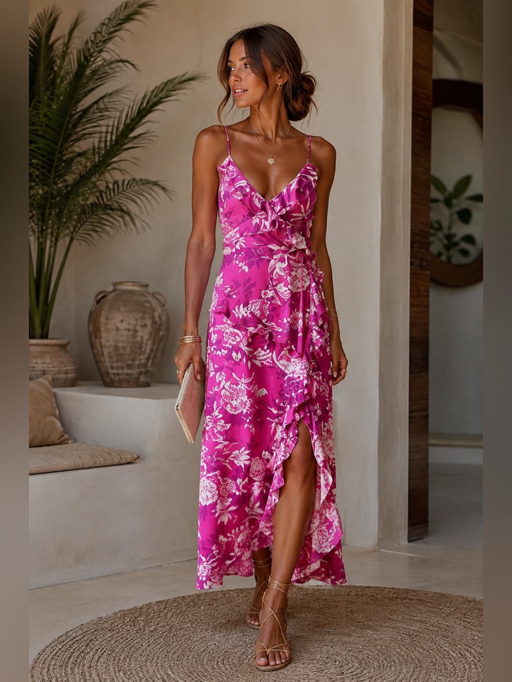 NWT ZARA Pink Floral Ruffled Print Maxi Dress Open Back